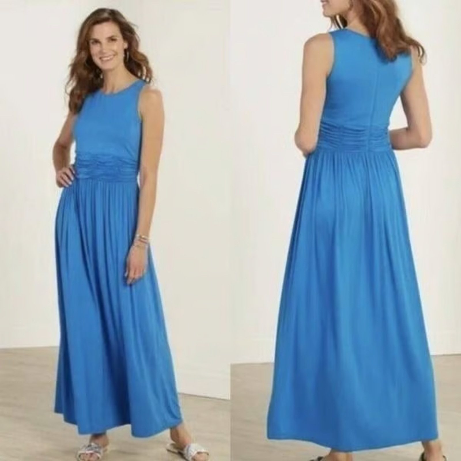 Soft Surroundings Xs Maxi Dress Blue Long Jersey Stretch Sleeveless Ruched A1-01